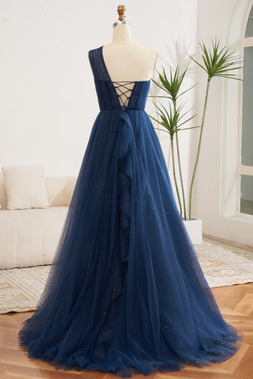 Sparkly Navy A-Line One Shoulder Long Tulle Prom Dress